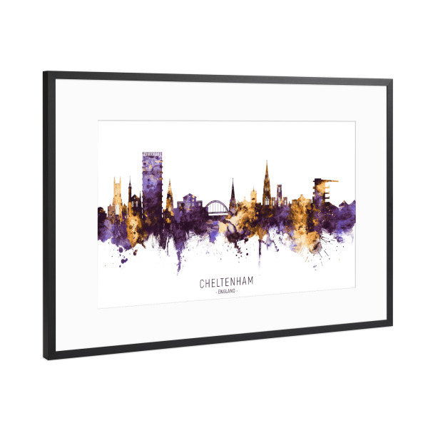Poster mit Rahmen Schwarz (Metallic) "Cheltenham Skyline PurpleGold" artboxONE - Städte