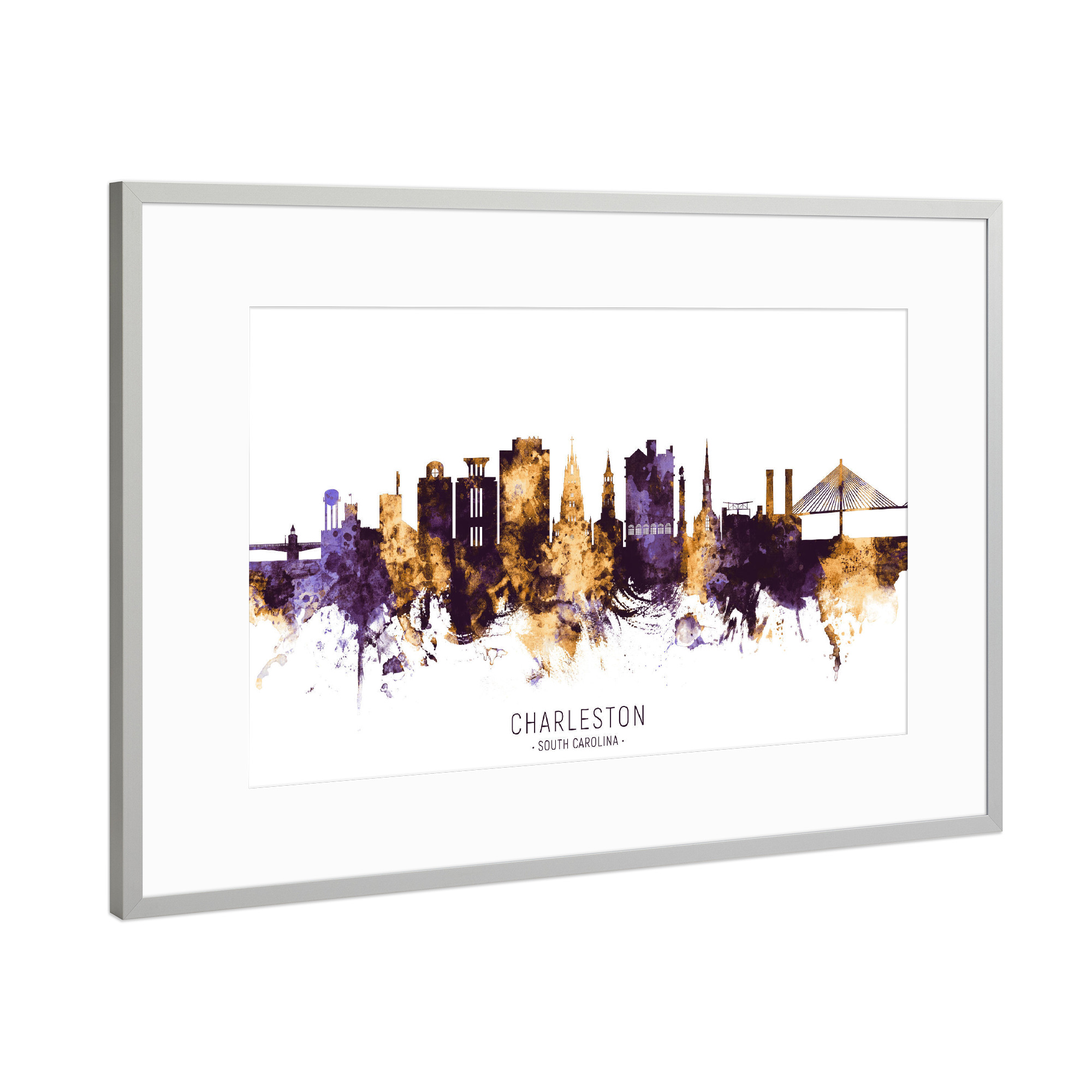Poster mit Rahmen Silber "Charleston Skyline PurpleGold" artboxONE - Städte - Charleston,South carolina,Skyline,Cityscape,Stadtbild,Watercolor,City
