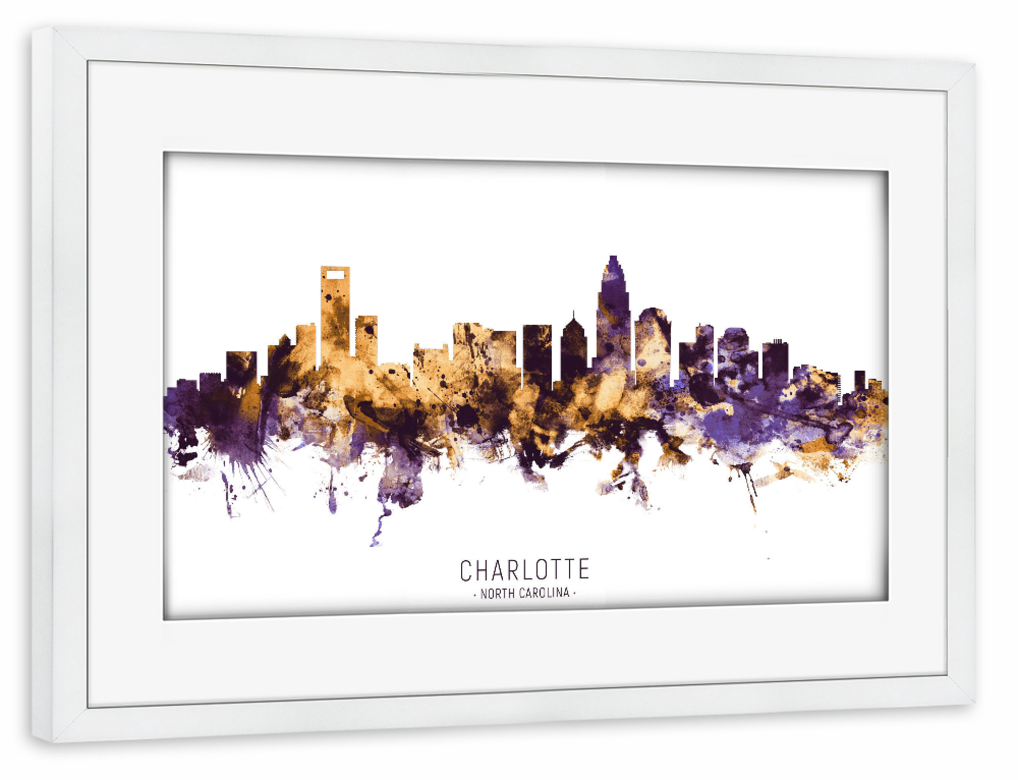 Poster mit Rahmen weiß "Charlotte Skyline PurpleGold" artboxONE - Städte - Charlotte,North carolina,Skyline,Cityscape,Stadtbild,Watercolor,Usa,City