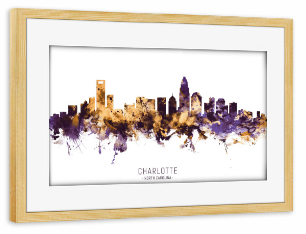 Poster mit Rahmen kiefer "Charlotte Skyline PurpleGold" artboxONE - Städte - Charlotte,North carolina,Skyline,Cityscape,Stadtbild,Watercolor,Usa,City