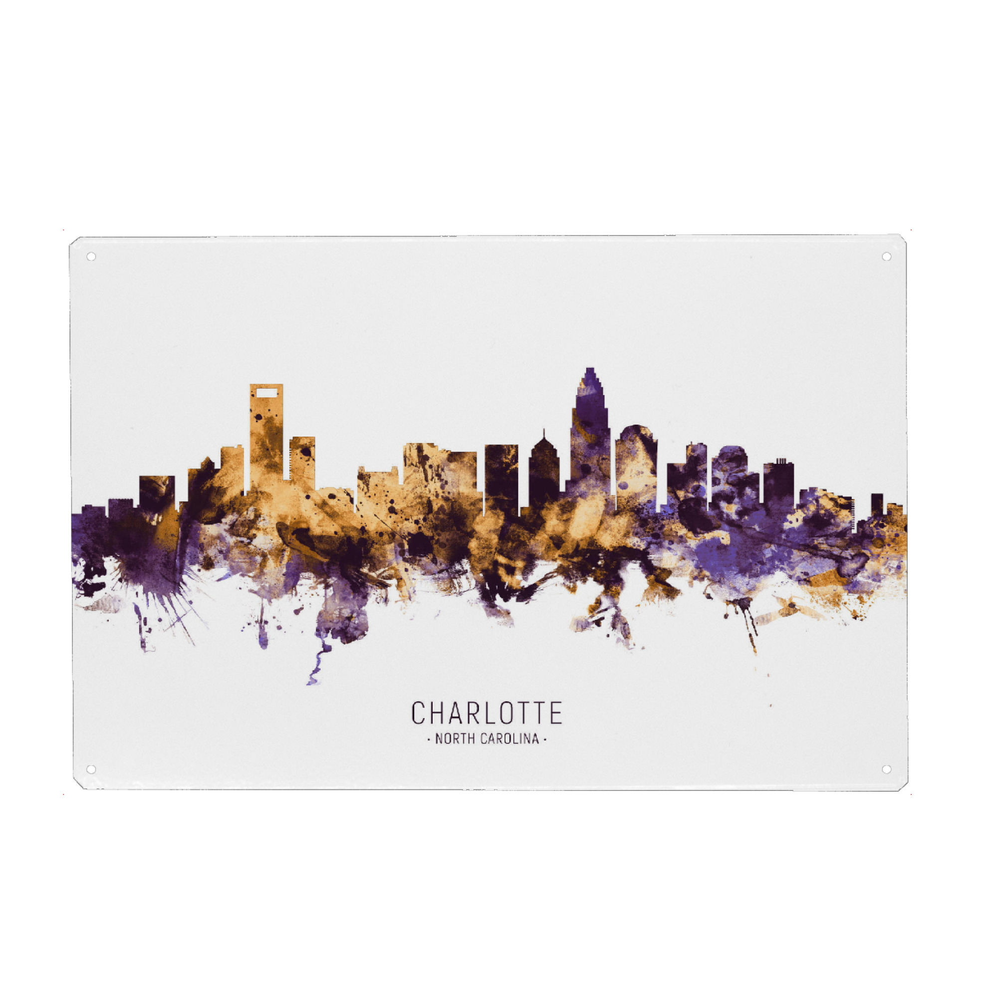 Metall Poster "Charlotte Skyline PurpleGold" artboxONE - Städte - Charlotte,North carolina,Skyline,Cityscape,Stadtbild,Watercolor,Usa,City
