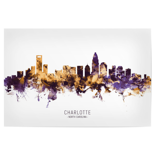 Poster "Charlotte Skyline PurpleGold" artboxONE - Städte - Charlotte,North carolina,Skyline,Cityscape,Stadtbild,Watercolor,Usa,City