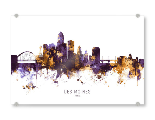 Acrylglasbild "Des Moines Iowa Skyline PurpleGold" artboxONE - Städte - Des moines,Iowa,Skyline,Cityscape,Stadtbild,Watercolor,Usa,City