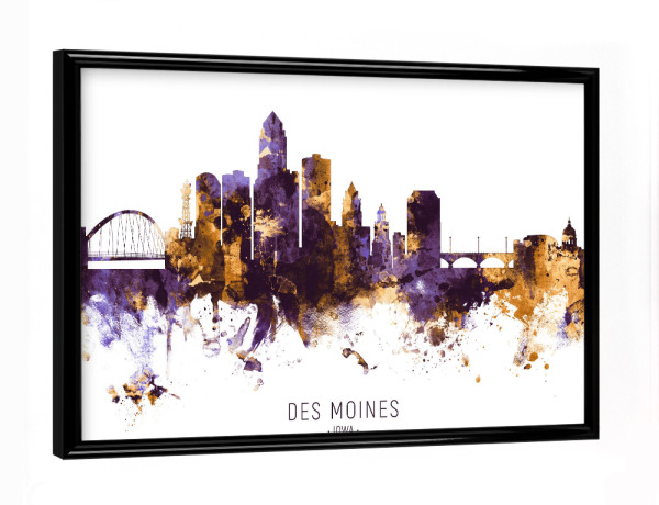 Poster mit schwarzem Rahmen "Des Moines Iowa Skyline PurpleGold" artboxONE - Städte - Des moines,Iowa,Skyline,Cityscape,Stadtbild,Watercolor,Usa,City