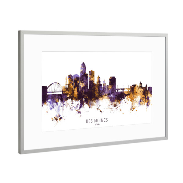 Poster mit Rahmen Silber "Des Moines Iowa Skyline PurpleGold" artboxONE - Städte - Des moines,Iowa,Skyline,Cityscape,Stadtbild,Watercolor,Usa,City