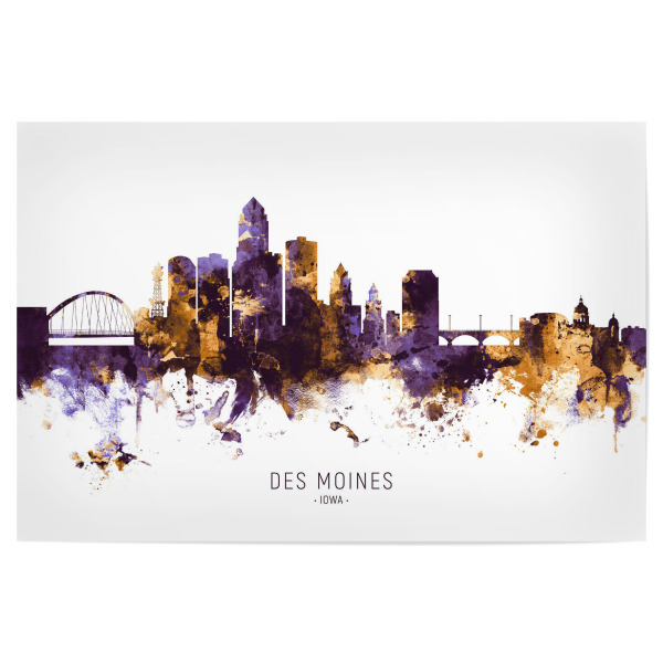 Poster 30x20 cm "Des Moines Iowa Skyline PurpleGold" artboxONE - Städte - Des moines,Iowa,Skyline,Cityscape,Stadtbild,Watercolor,Usa,City