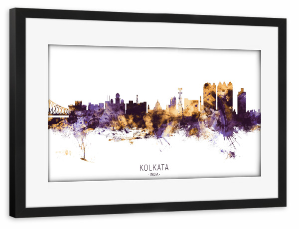 Poster mit Rahmen schwarz "Kolkata India Skyline PurpleGold" artboxONE - Städte - Kolkata,India,Skyline,Cityscape,Stadtbild,Watercolor,City
