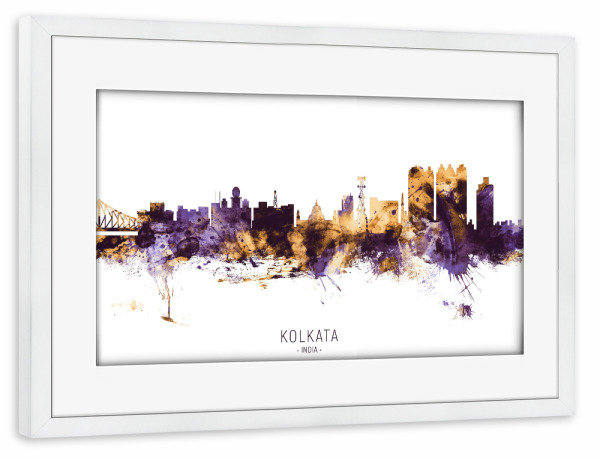 Poster mit Rahmen weiß "Kolkata India Skyline PurpleGold" artboxONE - Städte - Kolkata,India,Skyline,Cityscape,Stadtbild,Watercolor,City