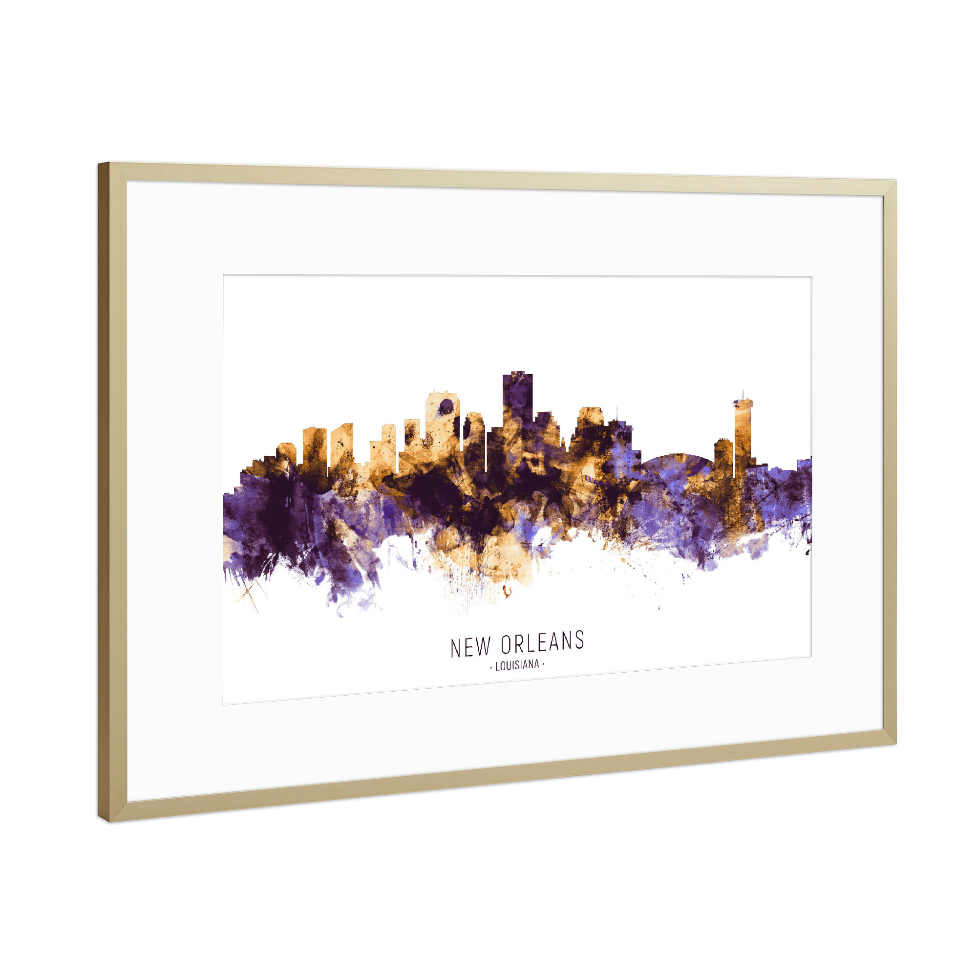 Poster mit Rahmen Gold "New Orleans Skyline PurpleGold" artboxONE - Städte - New orleans,Louisiana,Skyline,Cityscape,Stadtbild,Watercolor,City,Usa