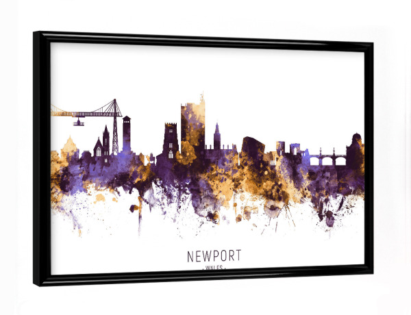 Poster mit schwarzem Rahmen "Newport Wales Skyline PurpleGold" artboxONE - Städte - Newport,Wales,Skyline,Cityscape,Stadtbild,Watercolor,City