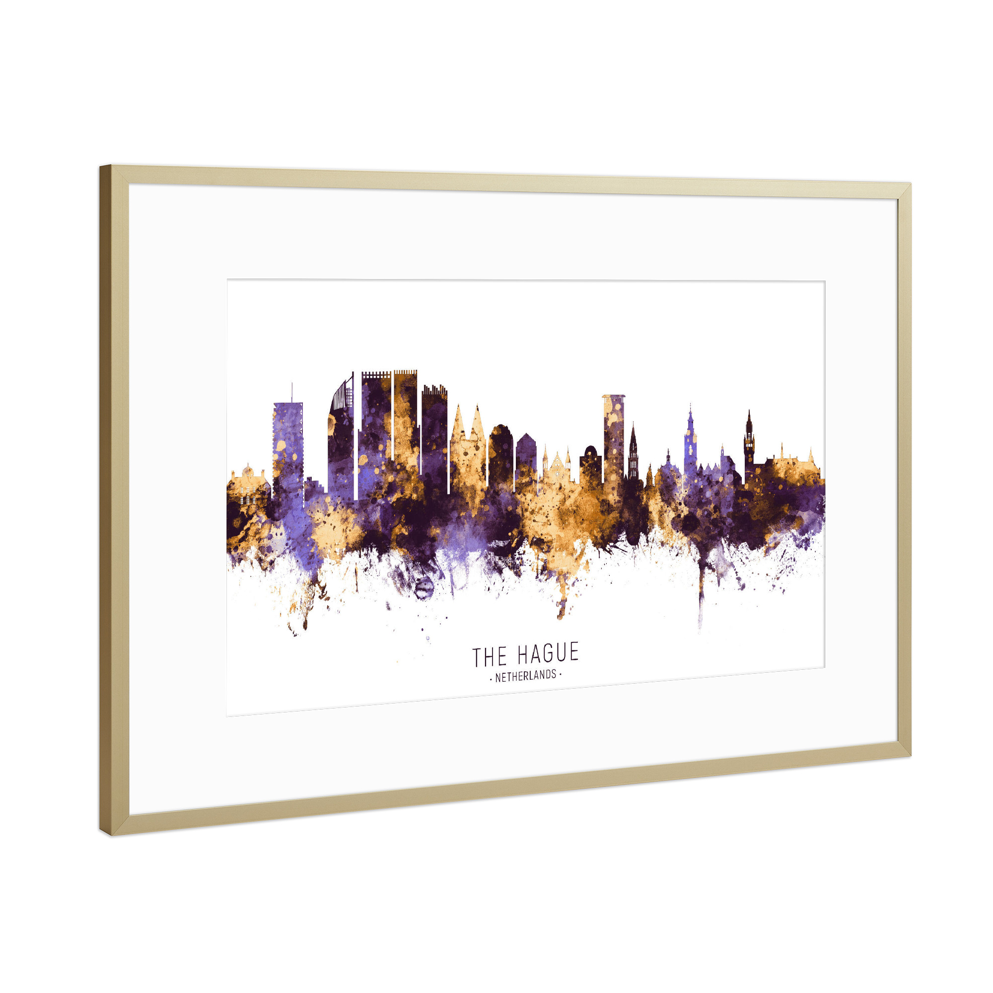 Poster mit Rahmen Gold "The Hague Skyline PurpleGold" artboxONE - Städte - The hague,Netherlands,Skyline,Cityscape,Stadtbild,Watercolor,City