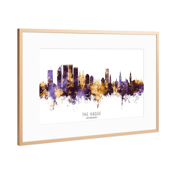 Poster mit Rahmen Kupfer "The Hague Skyline PurpleGold" artboxONE - Städte - The hague,Netherlands,Skyline,Cityscape,Stadtbild,Watercolor,City