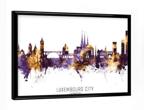 Poster mit schwarzem Rahmen "Luxembourg City Skyline PurpleGold" artboxONE - Städte