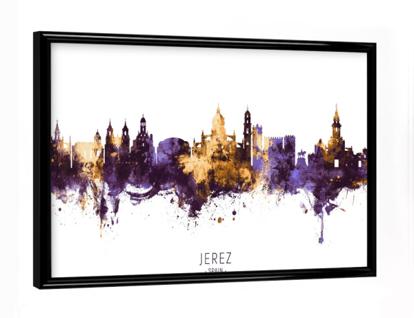 Poster mit schwarzem Rahmen "Jerez Spain Skyline PurpleGold" artboxONE - Städte - Jerez,Spain,Skyline,Cityscape,Stadtbild,Watercolor,City,Europe