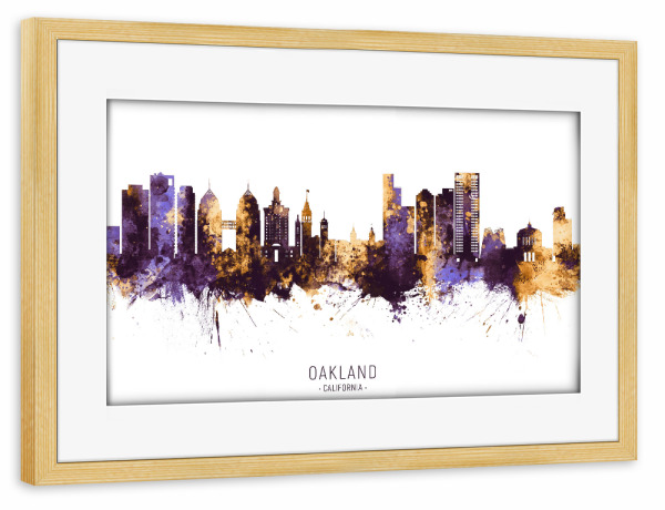Poster mit Rahmen kiefer "Oakland CA Skyline PurpleGold" artboxONE - Städte - Oakland,California,Skyline,Cityscape,Stadtbild,Watercolor,City,Usa