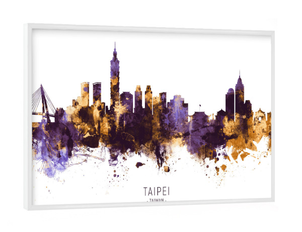 Poster mit weißem Rahmen "Taipei Taiwan Skyline PurpleGold" artboxONE - Städte - Taipei,Taiwan,Skyline,Cityscape,Stadtbild,Watercolor,City