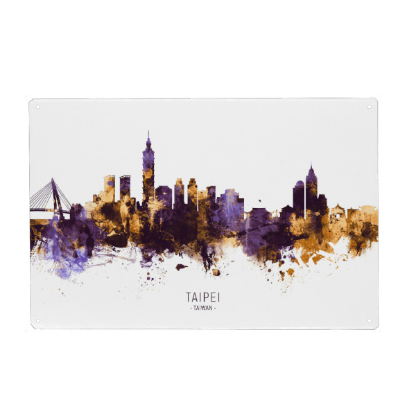 Holzbild "Taipei Taiwan Skyline PurpleGold" artboxONE - Städte - Taipei,Taiwan,Skyline,Cityscape,Stadtbild,Watercolor,City