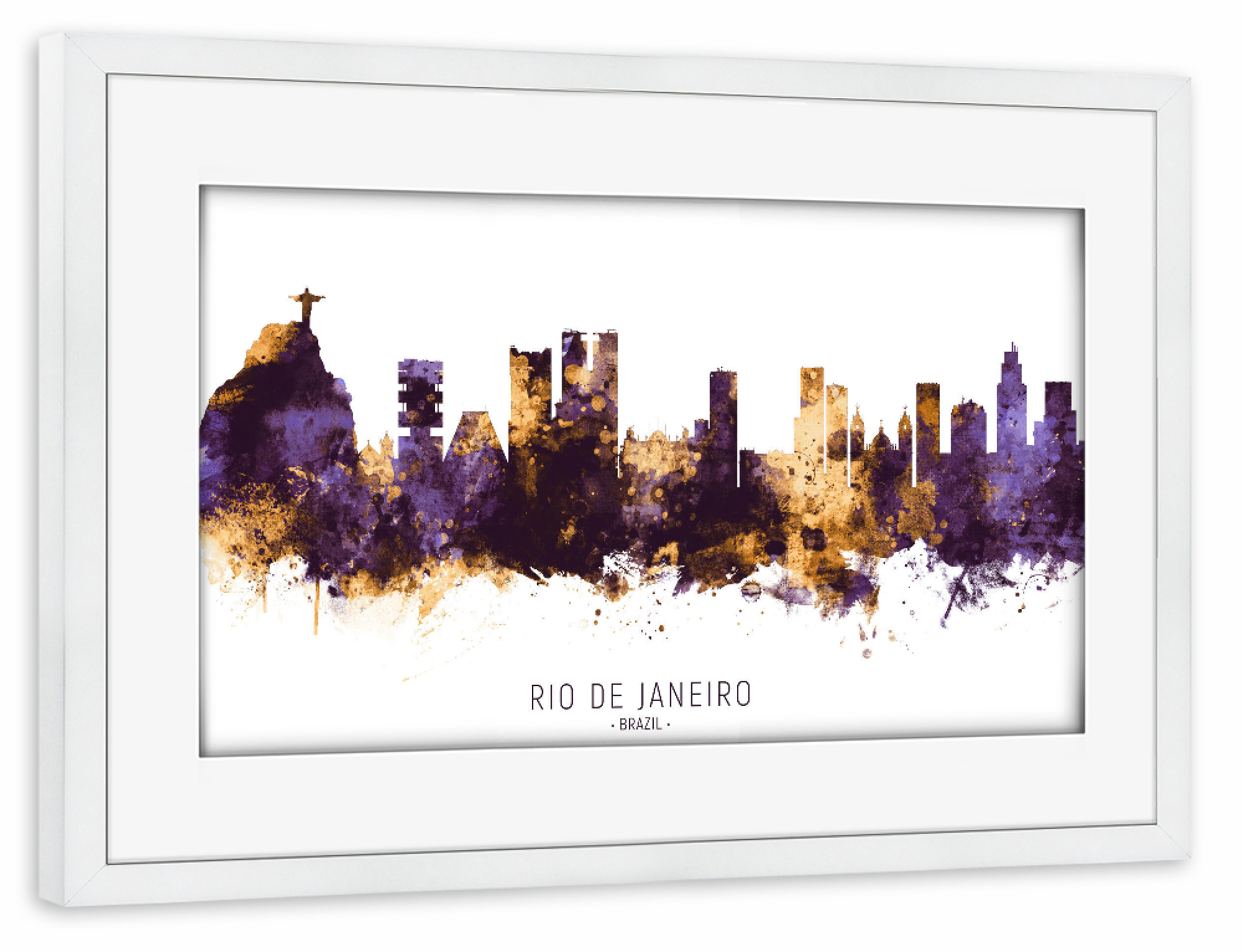 Poster mit Rahmen weiß "Rio de Janeiro Skyline PurpleGold" artboxONE - Städte / Rio de Janeiro