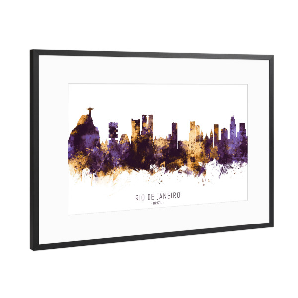 Poster mit Rahmen Schwarz (Metallic) "Rio de Janeiro Skyline PurpleGold" artboxONE - Städte / Rio de Janeiro