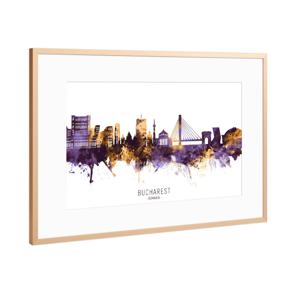 Poster mit Rahmen Kupfer "Bucharest Skyline PurpleGold" artboxONE - Städte - Bucharest,Romania,Skyline,Cityscape,Stadtbild,Watercolor,City