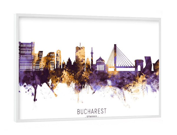 Poster mit weißem Rahmen "Bucharest Skyline PurpleGold" artboxONE - Städte - Bucharest,Romania,Skyline,Cityscape,Stadtbild,Watercolor,City