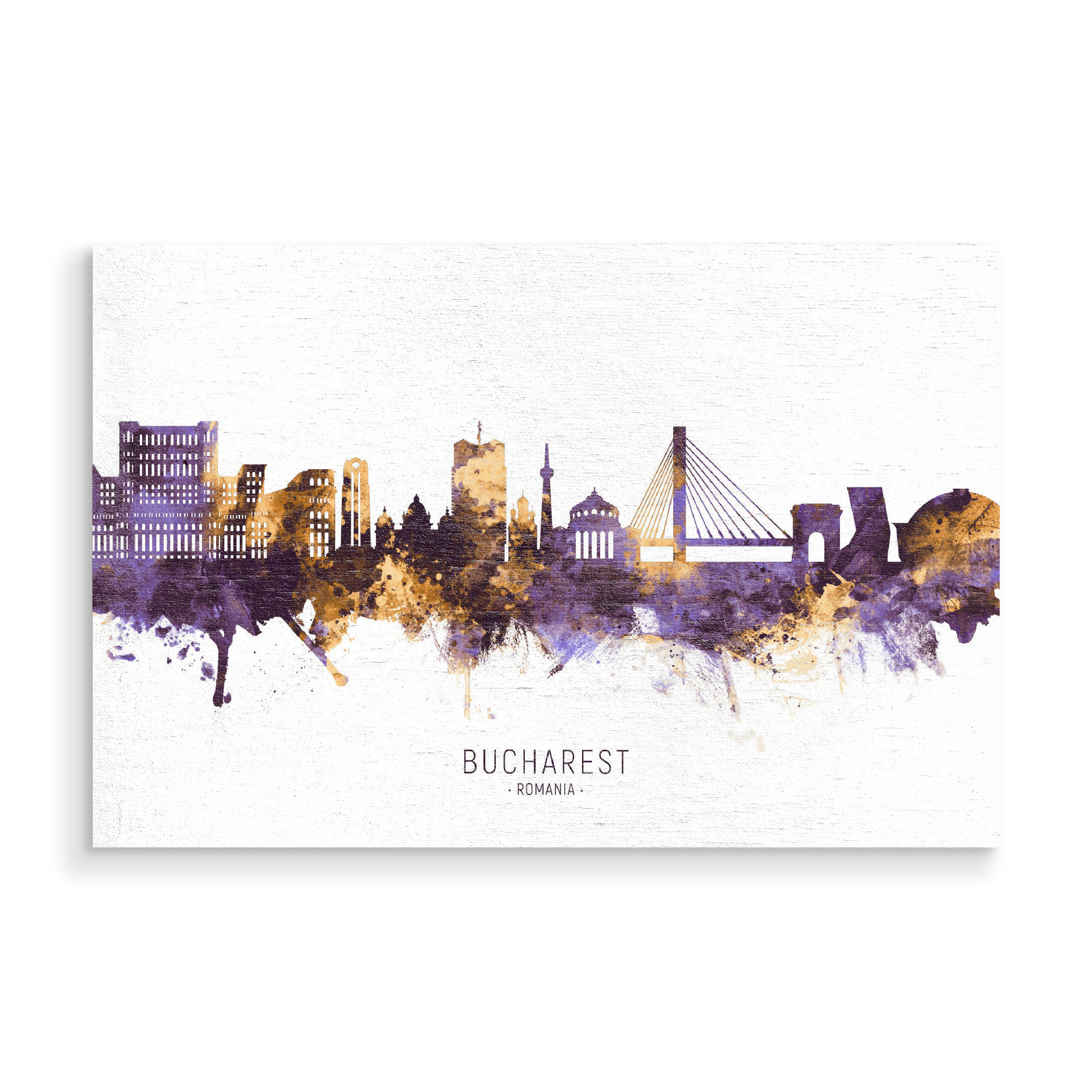 Holzbild "Bucharest Skyline PurpleGold" artboxONE - Städte - Bucharest,Romania,Skyline,Cityscape,Stadtbild,Watercolor,City