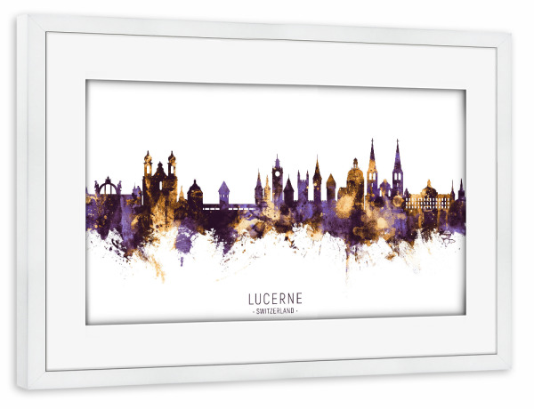 Poster mit Rahmen weiß "Lucerne Skyline PurpleGold" artboxONE - Städte - Lucerne,Switzerland,Skyline,Cityscape,Stadtbild,Watercolor,City