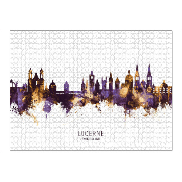 Puzzle Ravensburger "Lucerne Skyline PurpleGold" artboxONE - Städte - Lucerne,Switzerland,Skyline,Cityscape,Stadtbild,Watercolor,City - Bild lucerne