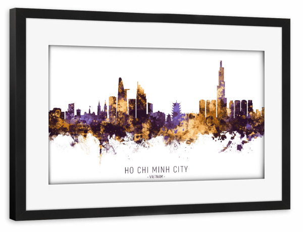 Poster mit Rahmen schwarz "Ho Chi Minh City PurpleGold" artboxONE - Städte - Ho chi minh city,Vietnam,Skyline,Cityscape,Stadtbild,Watercolor,City