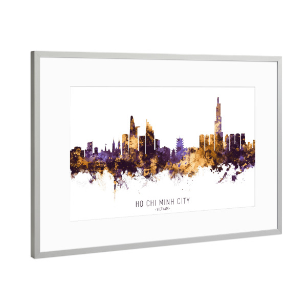 Poster mit Rahmen Silber "Ho Chi Minh City PurpleGold" artboxONE - Städte - Ho chi minh city,Vietnam,Skyline,Cityscape,Stadtbild,Watercolor,City