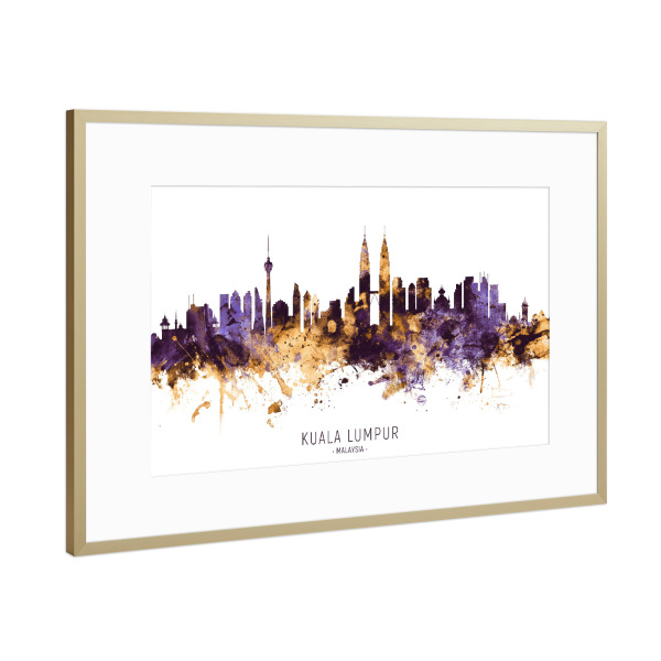 Poster mit Rahmen Gold "Kuala Lumpur Skyline PurpleGold" artboxONE - Städte