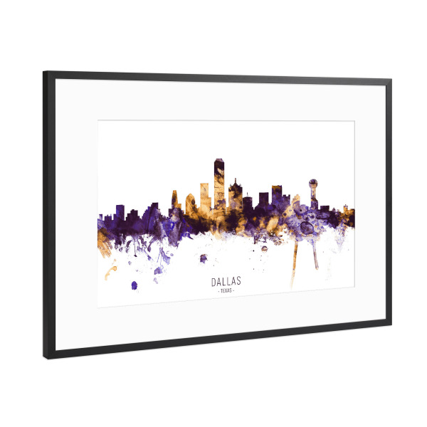 Poster mit Rahmen Schwarz (Metallic) "Dallas Texas Skyline PurpleGold" artboxONE - Städte - Dallas,Texas,Skyline,Cityscape,Stadtbild,Watercolor,City