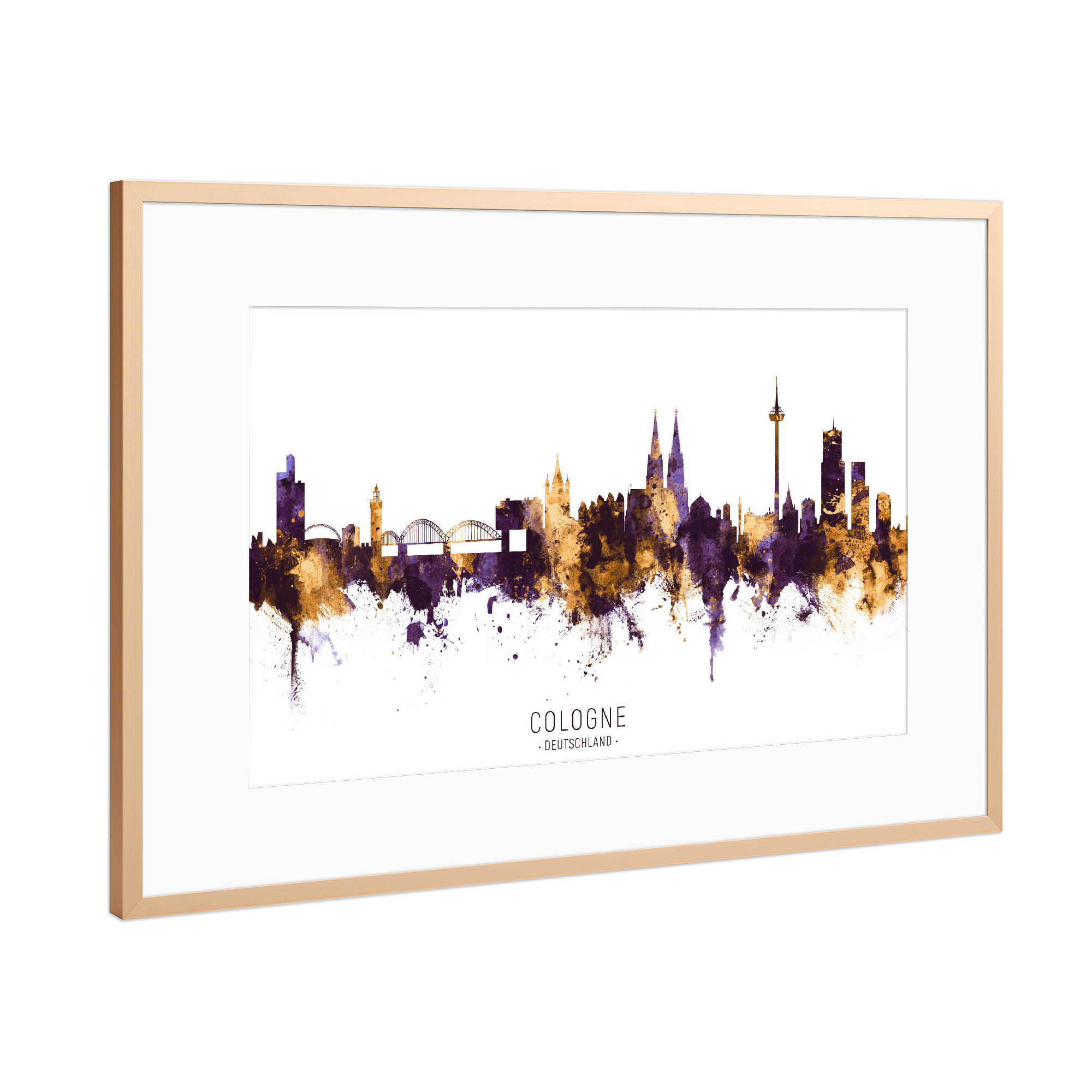 Poster mit Rahmen Kupfer "Cologne Skyline PurpleGold" artboxONE - Städte / Köln - Cologne,Germany,Skyline,Cityscape,Stadtbild,Watercolor,City