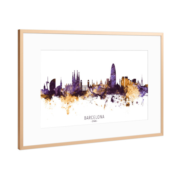 Poster mit Rahmen Kupfer "Barcelona Spain Skyline PurpleGold" artboxONE - Städte / Barcelona