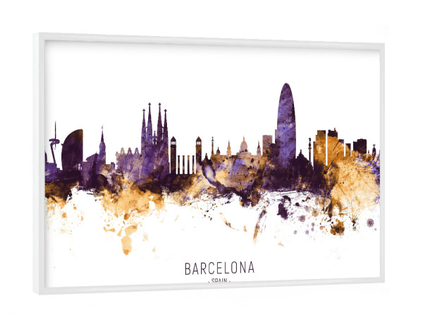 Poster mit weißem Rahmen "Barcelona Spain Skyline PurpleGold" artboxONE - Städte / Barcelona