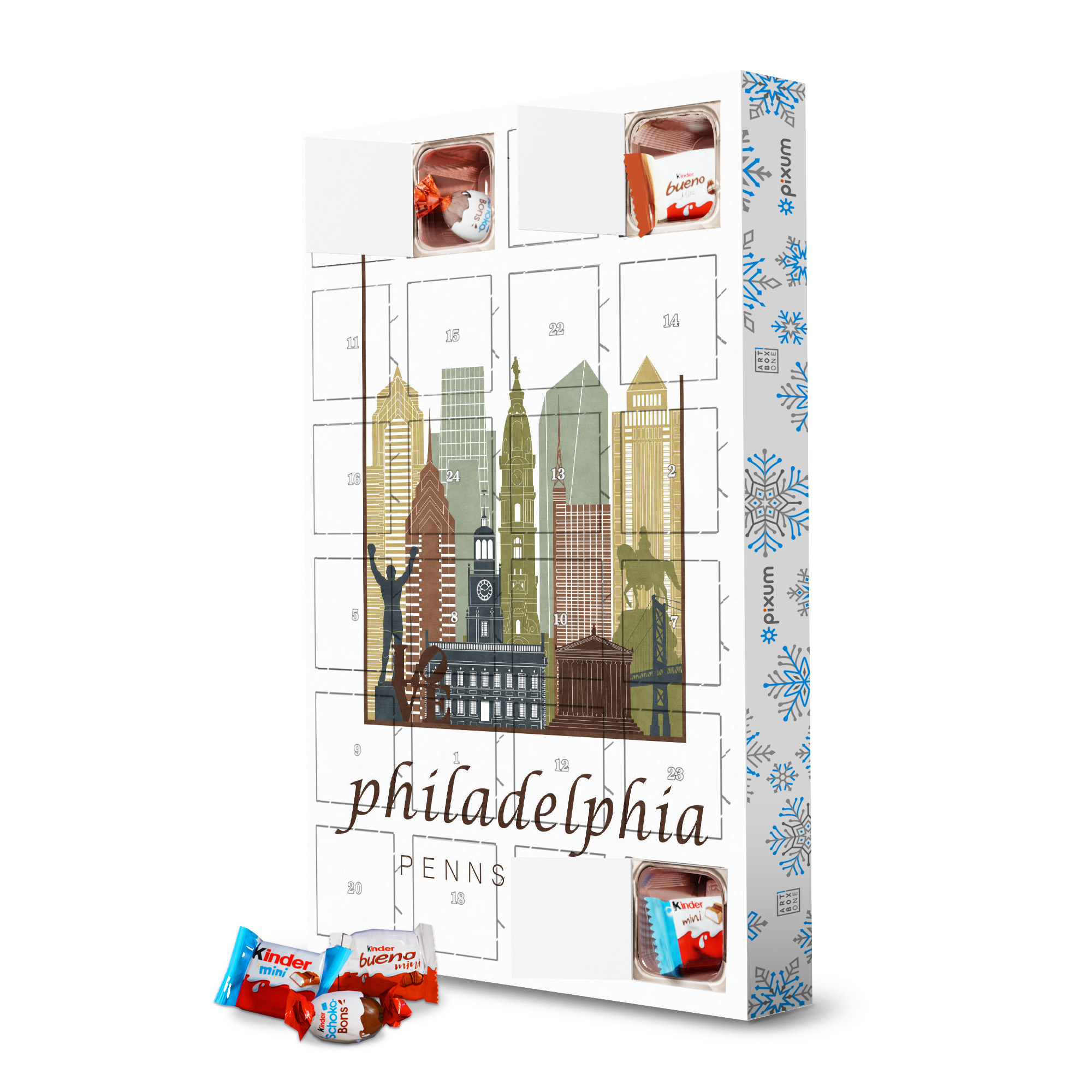 Adventskalender mit Produkten von Kinder Philadelphia skyline light brown artboxONE Adventskalender Städte