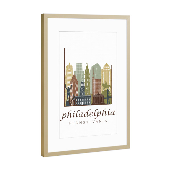 Poster mit Rahmen Gold "Philadelphia skyline light brown" artboxONE - Städte,Architektur,Kartografie
