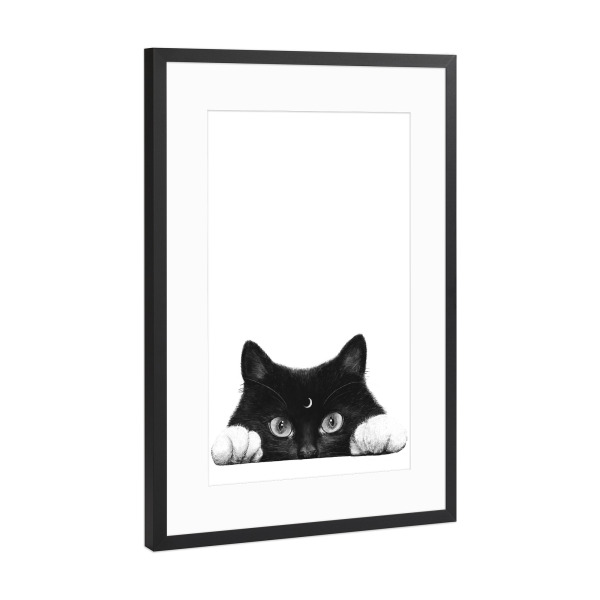 Poster mit Rahmen Schwarz (Metallic) "Night cat" artboxONE - Tiere,Schwarzweiß,Lustig - Cat,Cats,Black and white,Cute,Lovely,Animal,Moon,Night