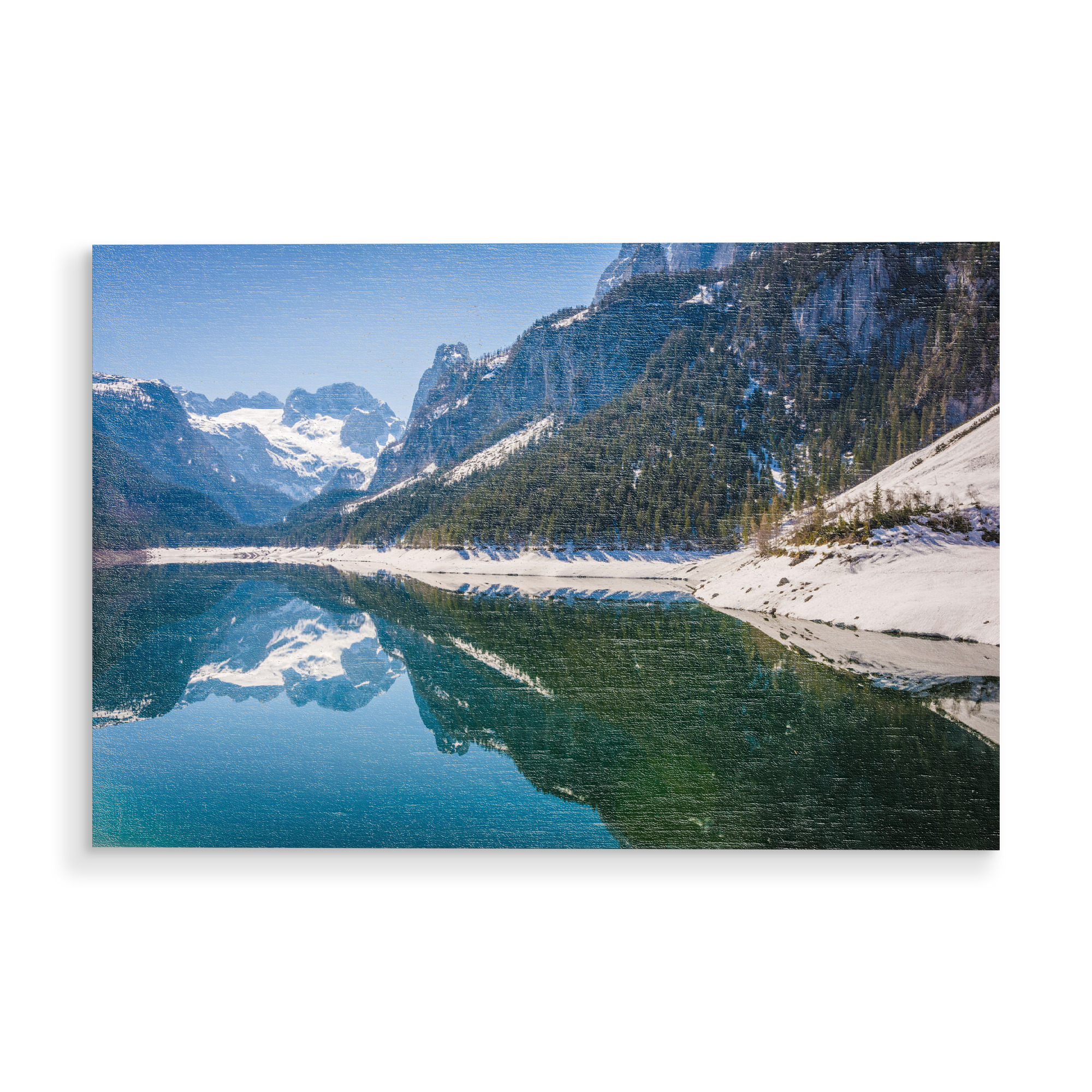 Holzbild "Dachstein im Spiegel" artboxONE - Natur - Salzkammergut,Gosau,Alpen,Berge,Landschaft,österreich,Wasser,Natur,Gletscher,Bäume,Stille,Ruhe
