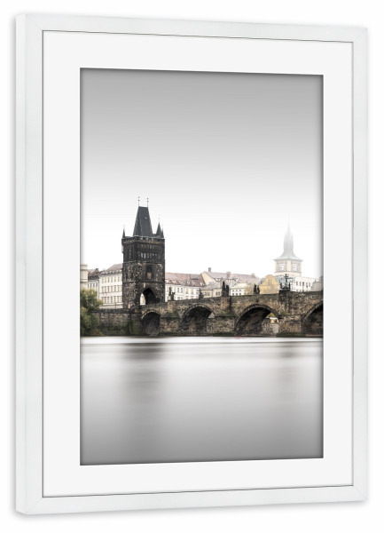 Poster mit Rahmen weiß "Karlsbrücke Tschechien Prag" artboxONE - Städte,Reise,Schwarzweiß,Architektur,Städte / Prag