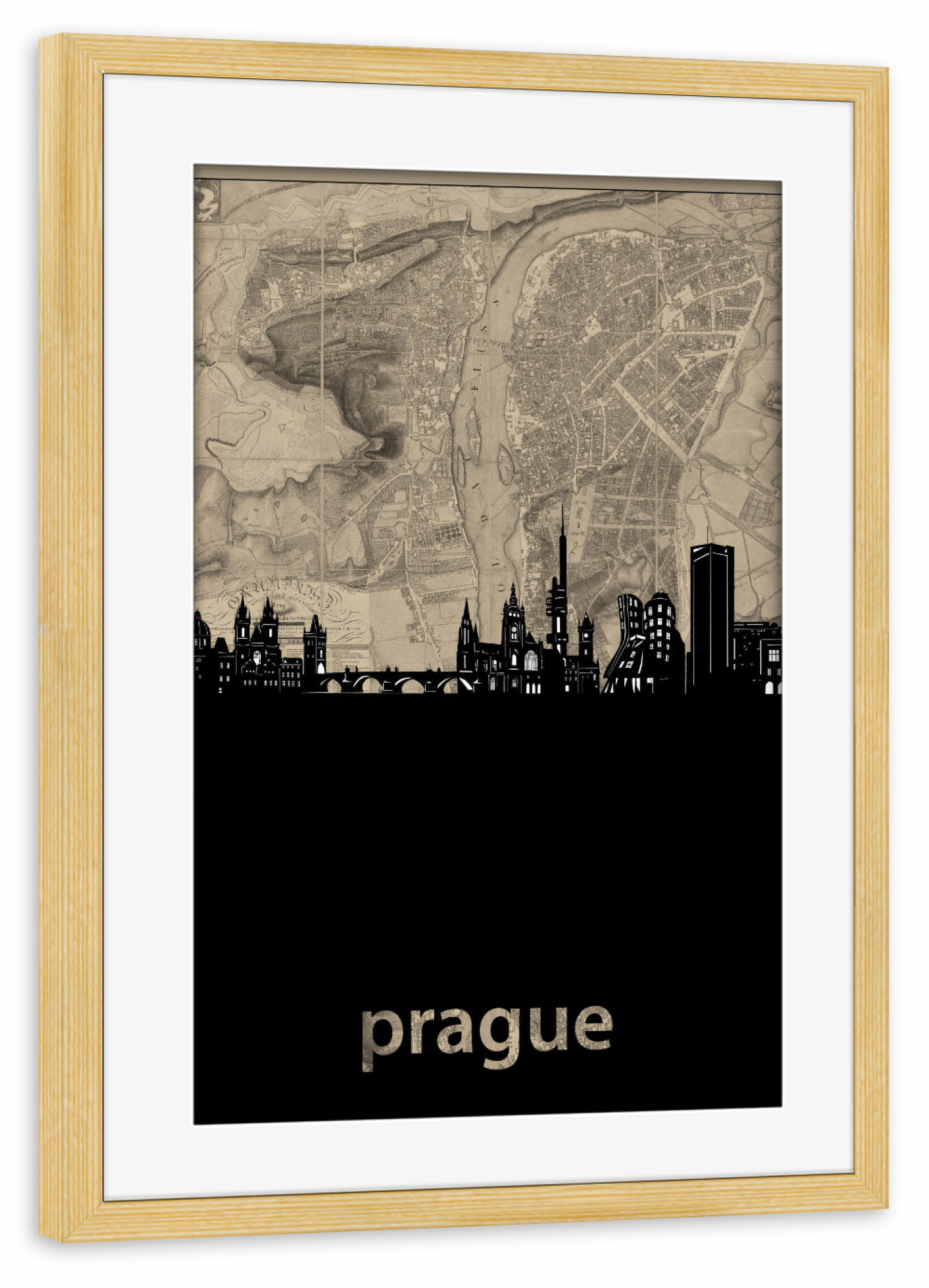 Poster mit Rahmen kiefer "Prague skyline map" artboxONE - Städte,Architektur,Städte / Prag,Kartografie