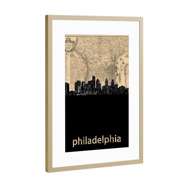 Poster mit Rahmen Gold "Philadelphia skyline map" artboxONE - Städte,Architektur,Kartografie