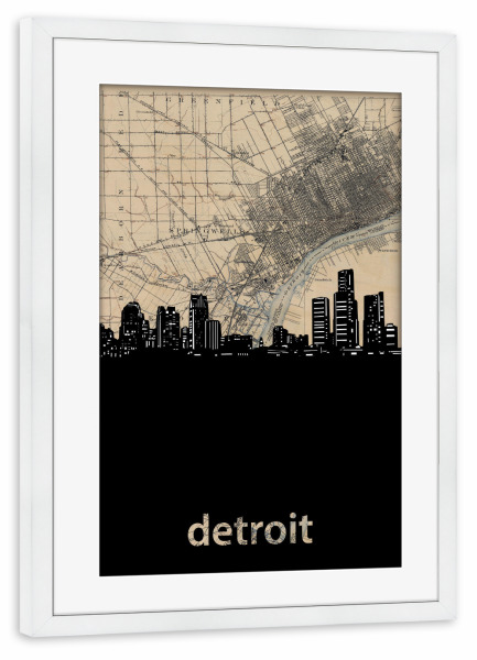 Poster mit Rahmen weiß "Detroit skyline map" artboxONE - Städte,Architektur