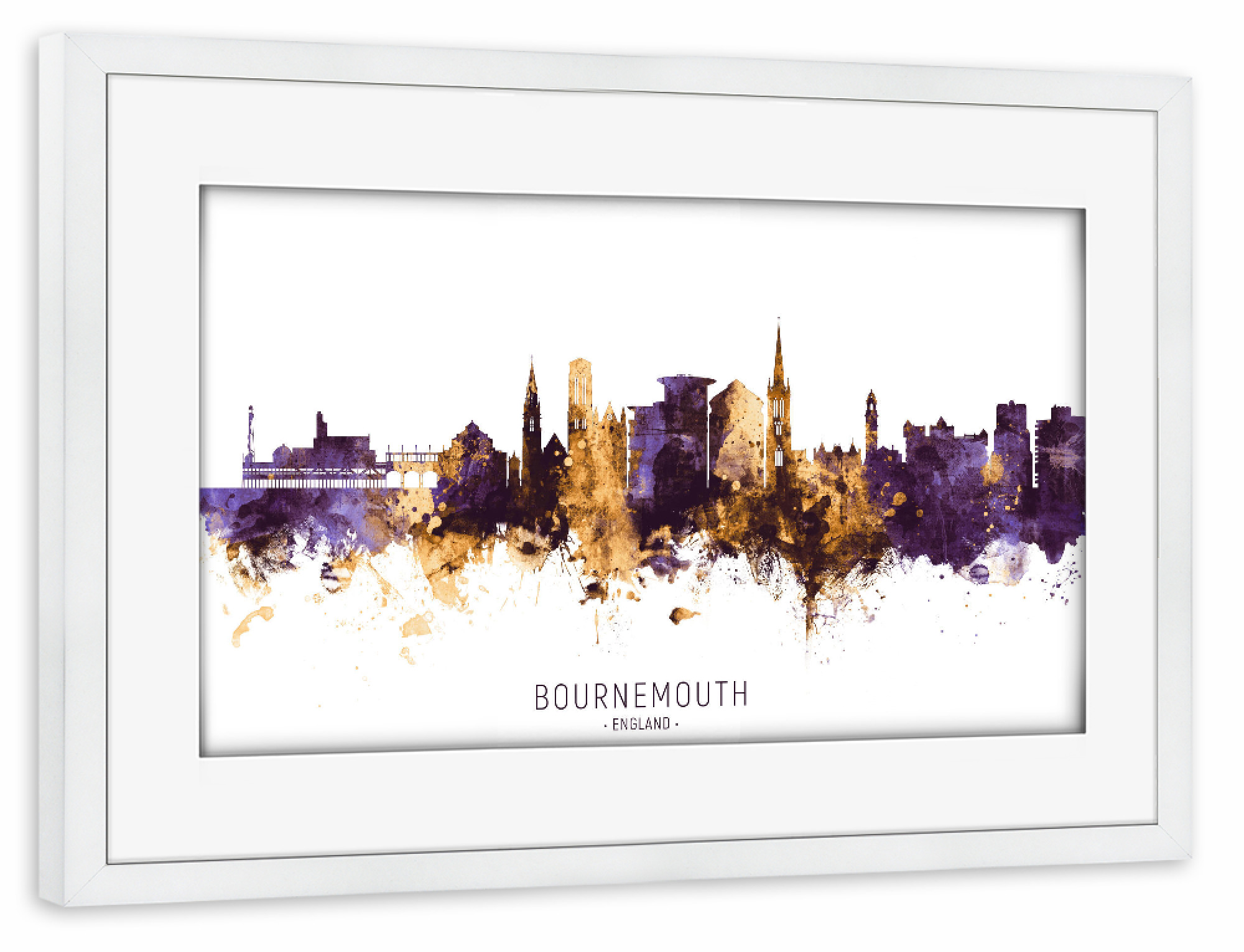 Poster mit Rahmen weiß "Bournemouth Skyline PurpleGold" artboxONE - Städte - Bournemouth,England,Skyline,Cityscape,Stadtbild,Watercolor,City