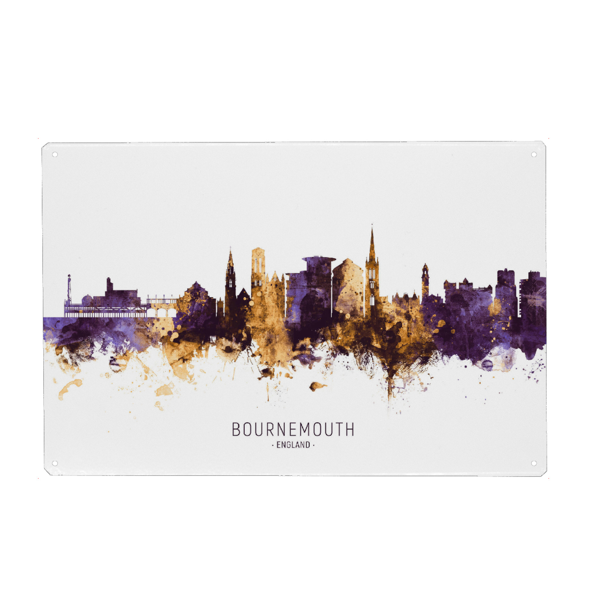 Metall Poster "Bournemouth Skyline PurpleGold" artboxONE - Städte - Bournemouth,England,Skyline,Cityscape,Stadtbild,Watercolor,City - Blechschild