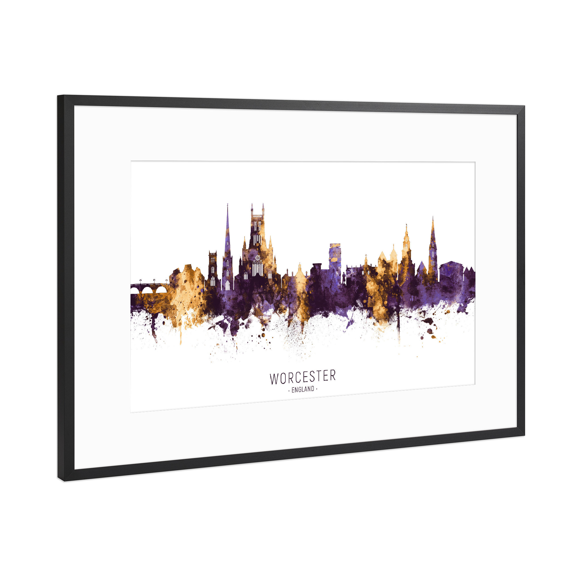 Poster mit Rahmen Schwarz (Metallic) "Worcester Skyline PurpleGold" artboxONE - Städte - Worcester,England,Skyline,Cityscape,Stadtbild,Watercolor,City