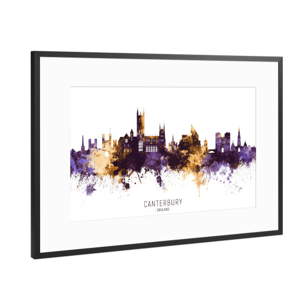 Poster mit Rahmen Schwarz (Metallic) "Canterbury Skyline PurpleGold" artboxONE - Städte