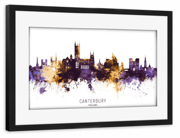 Poster mit Rahmen schwarz "Canterbury Skyline PurpleGold" artboxONE - Städte - Canterbury,England,Skyline,Cityscape,Stadtbild,Watercolor,Europe,City