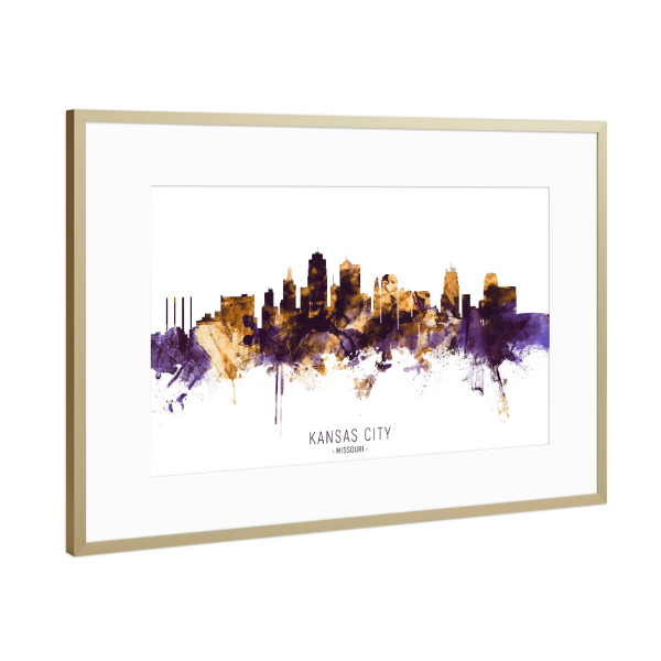 Poster mit Rahmen Gold "Kansas City Skyline PurpleGold" artboxONE - Städte - Kansas city,Missouri,Skyline,Cityscape,Stadtbild,Watercolor,City,Usa
