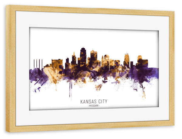 Poster mit Rahmen kiefer "Kansas City Skyline PurpleGold" artboxONE - Städte - Kansas city,Missouri,Skyline,Cityscape,Stadtbild,Watercolor,City,Usa